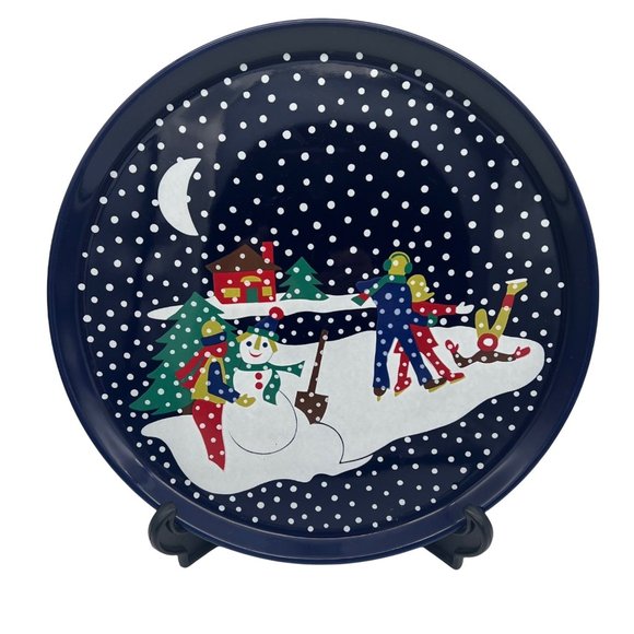 Lillian Vernon Christmas Cake Plate Ice Skaters 1990 Blue Ceramic 11" Japan - Picture 1 of 6